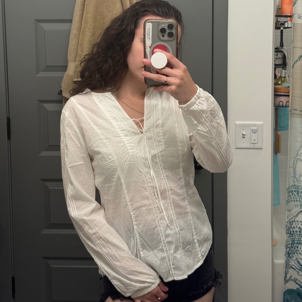 American Eagle White Cotton Tie Front Pintuck Long Sleeve Blouse Size 6